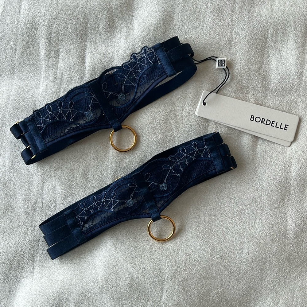 Bordelle Mari embroidered garters in navy